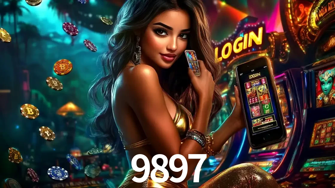 Mulher em um cenário de cassino temático de aventura, mostrando o app de caça-níqueis da 9897 no celular. Fichas de apostas flutuam ao redor.