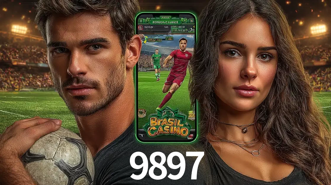 Homem segurando uma bola de futebol e uma mulher ao lado de um smartphone exibindo o jogo de apostas esportivas da 9897. Faça seu palpite no cassino online.